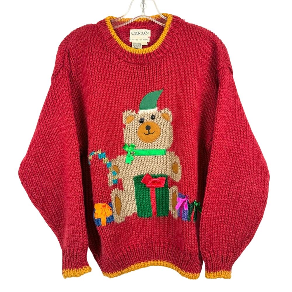 VINTAGE Hand-Knit Christmas Teddy Bear Sweater By Color‎ Cues Red Size L